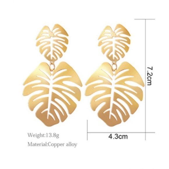 Boho Philodendron Leaf Plant Dangle Statement Earrings Green - Picture 7 of 10